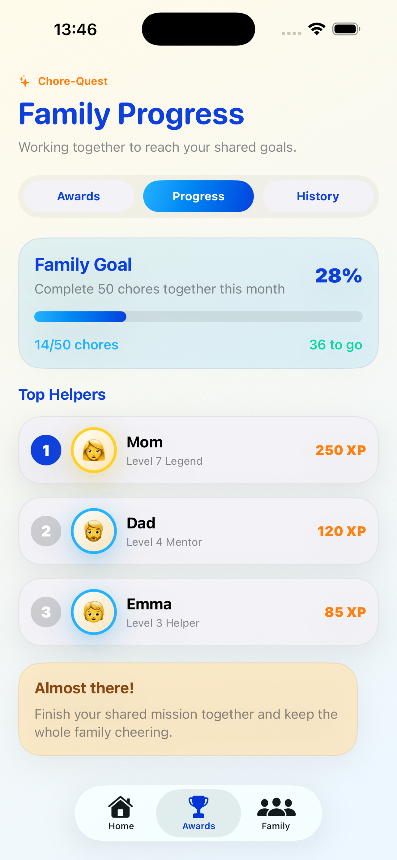 Chore-Quest family progress screen